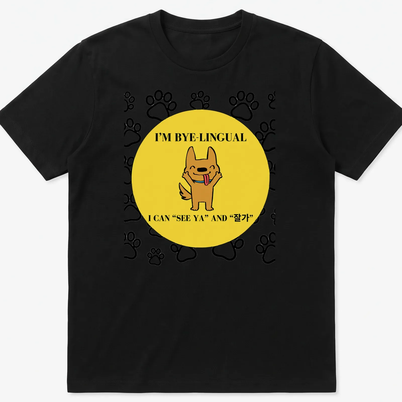 Kawaii cartoon dog design with bilingual text in yellow, black, and white — printed on a unisex t-shirt