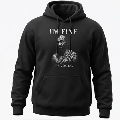 Vintage illustration t-shirt featuring Job with the text I'm Fine Job, 2000 B.C. — printed on a unisex hoodie