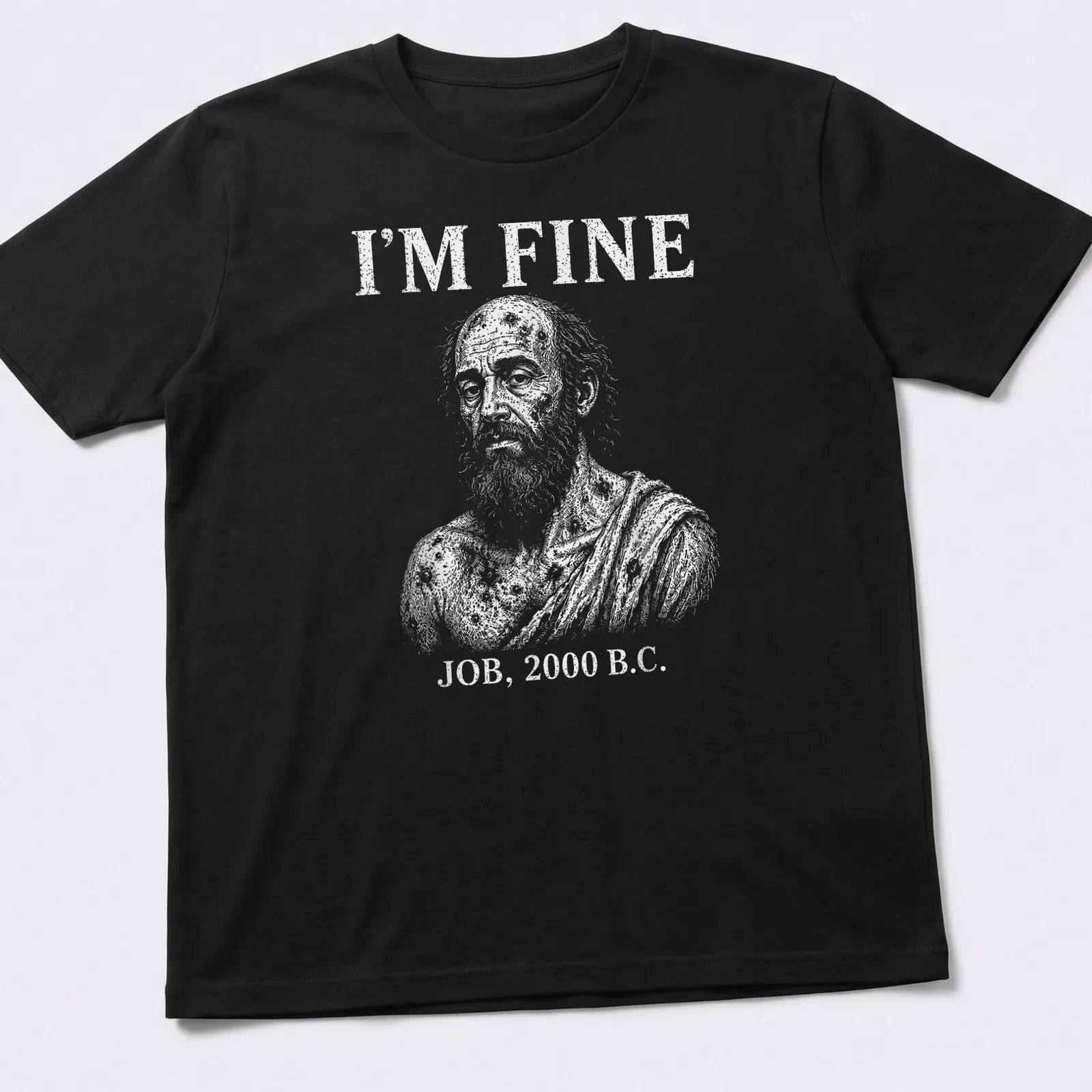 Vintage illustration t-shirt featuring Job with the text I'm Fine Job, 2000 B.C. — printed on a unisex t-shirt