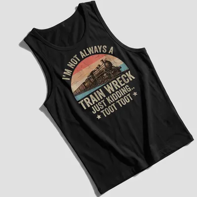 Vintage distressed t-shirt featuring a steam train and humorous text about train wrecks. — printed on a tank top