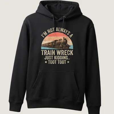 Vintage distressed t-shirt featuring a steam train and humorous text about train wrecks. — printed on a unisex hoodie