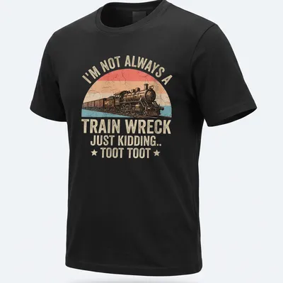 Vintage distressed t-shirt featuring a steam train and humorous text about train wrecks.