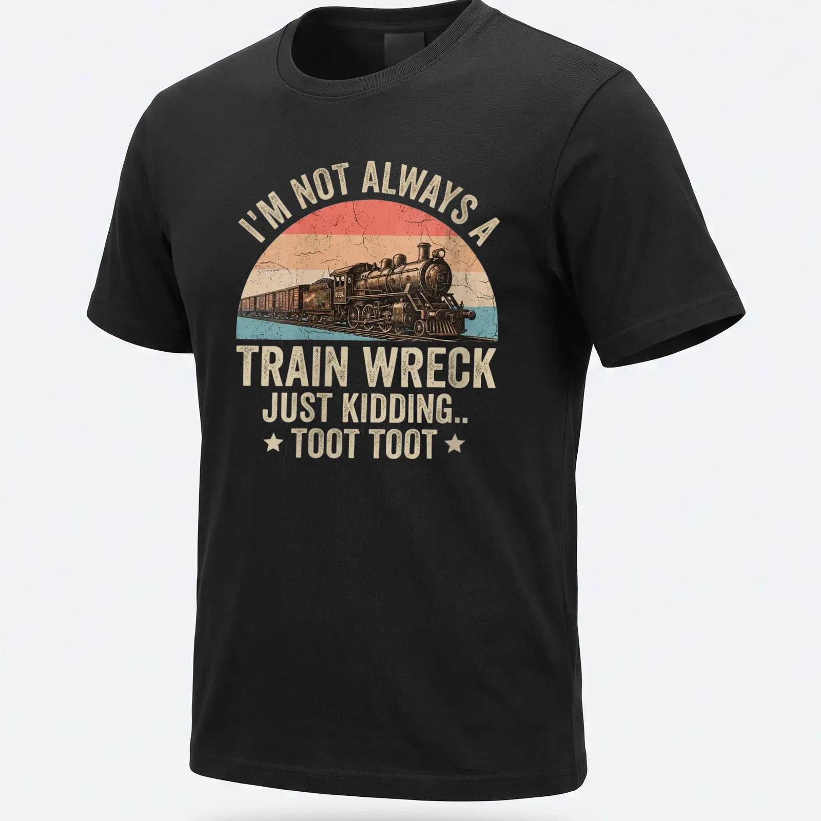 Vintage distressed t-shirt featuring a steam train and humorous text about train wrecks. — printed on a unisex t-shirt