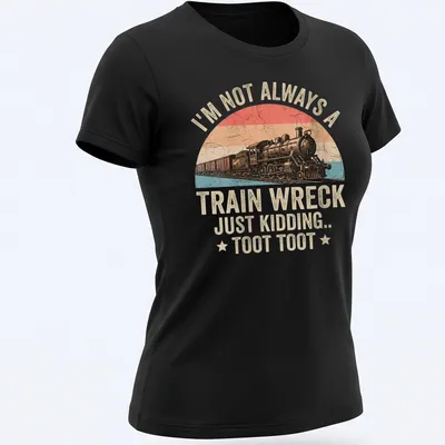 Vintage distressed t-shirt featuring a steam train and humorous text about train wrecks. — printed on a women's shirt