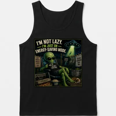 Vintage cartoon alien t-shirt with energy-saving humor and colorful elements — printed on a tank top