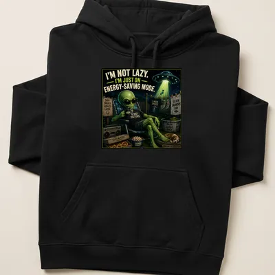 Vintage cartoon alien t-shirt with energy-saving humor and colorful elements — printed on a unisex hoodie