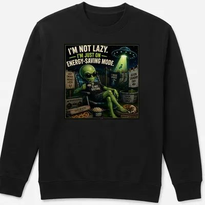 Vintage cartoon alien t-shirt with energy-saving humor and colorful elements — printed on a unisex sweatshirt