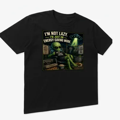 Vintage cartoon alien t-shirt with energy-saving humor and colorful elements — printed on a unisex t-shirt (angled view)
