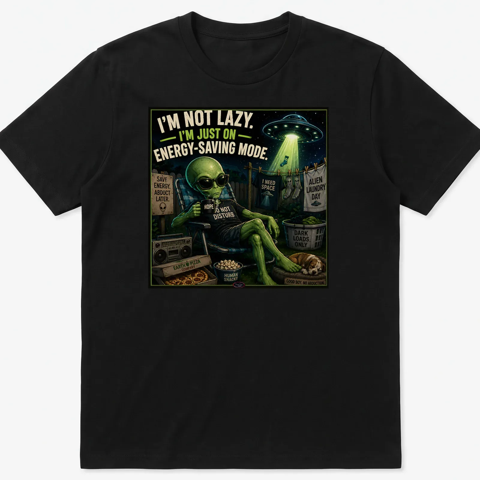 Vintage cartoon alien t-shirt with energy-saving humor and colorful elements — printed on a unisex t-shirt