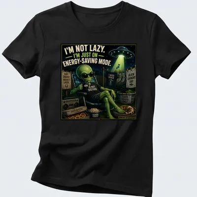 Vintage cartoon alien t-shirt with energy-saving humor and colorful elements — printed on a women's shirt