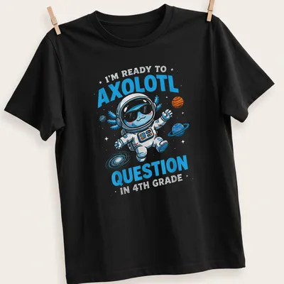 Colorful cartoon axolotl astronaut with text about 4th grade questions