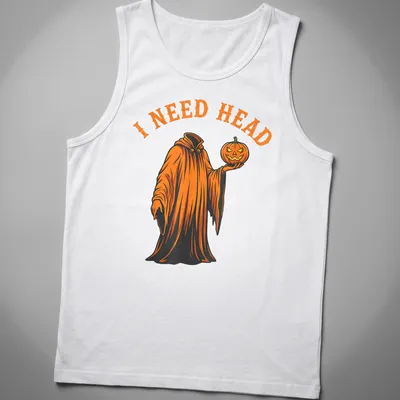 Cartoon ghost holding a pumpkin with 'I NEED HEAD' text in orange and black — printed on a tank top