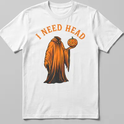 Cartoon ghost holding a pumpkin with 'I NEED HEAD' text in orange and black