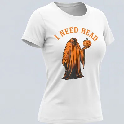 Cartoon ghost holding a pumpkin with 'I NEED HEAD' text in orange and black — printed on a women's shirt