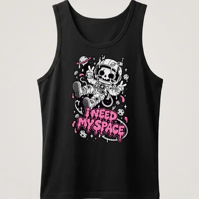 Kawaii skeleton astronaut design with humorous text, featuring black, pink, and white colors. — printed on a tank top