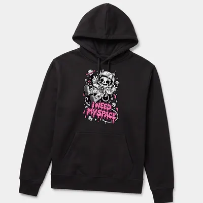 Kawaii skeleton astronaut design with humorous text, featuring black, pink, and white colors. — printed on a unisex hoodie