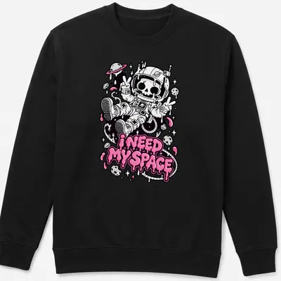 Kawaii skeleton astronaut design with humorous text, featuring black, pink, and white colors. — printed on a unisex sweatshirt