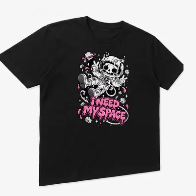 Kawaii skeleton astronaut design with humorous text, featuring black, pink, and white colors. — printed on a unisex t-shirt (angled view)