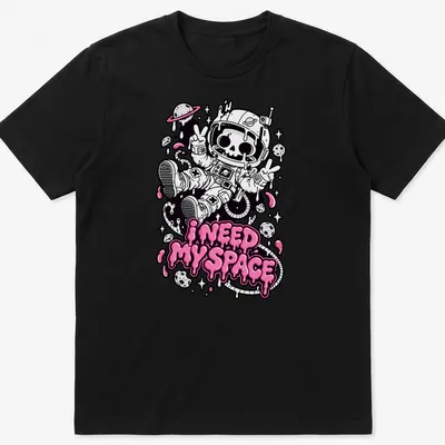 Kawaii skeleton astronaut design with humorous text, featuring black, pink, and white colors. — printed on a unisex t-shirt