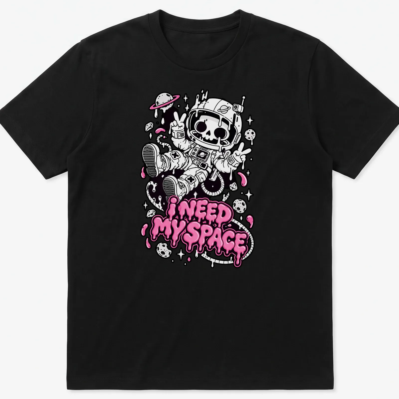 Kawaii skeleton astronaut design with humorous text, featuring black, pink, and white colors. — printed on a unisex t-shirt