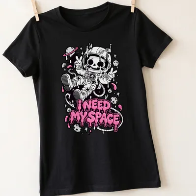 Kawaii skeleton astronaut design with humorous text, featuring black, pink, and white colors. — printed on a women's shirt