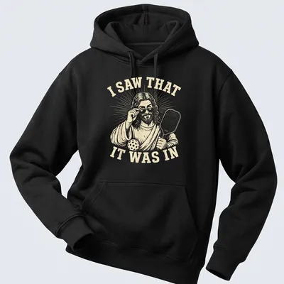 Vintage illustration of a funny pickleball player with humorous text. — printed on a unisex hoodie