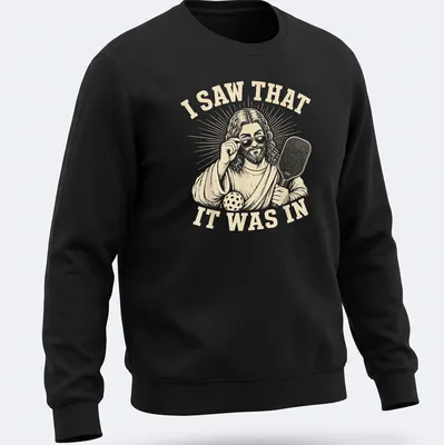 Vintage illustration of a funny pickleball player with humorous text. — printed on a unisex sweatshirt