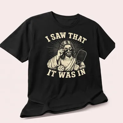Vintage illustration of a funny pickleball player with humorous text. — printed on a unisex t-shirt (angled view)