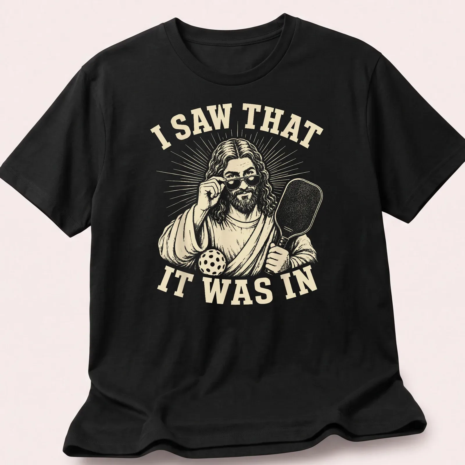 Vintage illustration of a funny pickleball player with humorous text. — printed on a unisex t-shirt