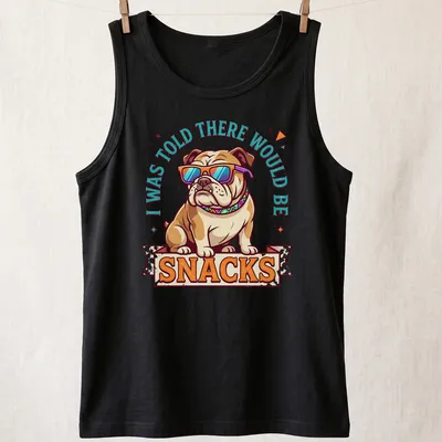 Vintage bulldog t-shirt with humorous text about snacks — printed on a tank top
