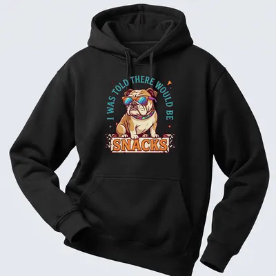Vintage bulldog t-shirt with humorous text about snacks — printed on a unisex hoodie