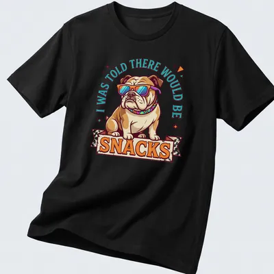 Vintage bulldog t-shirt with humorous text about snacks — printed on a unisex t-shirt