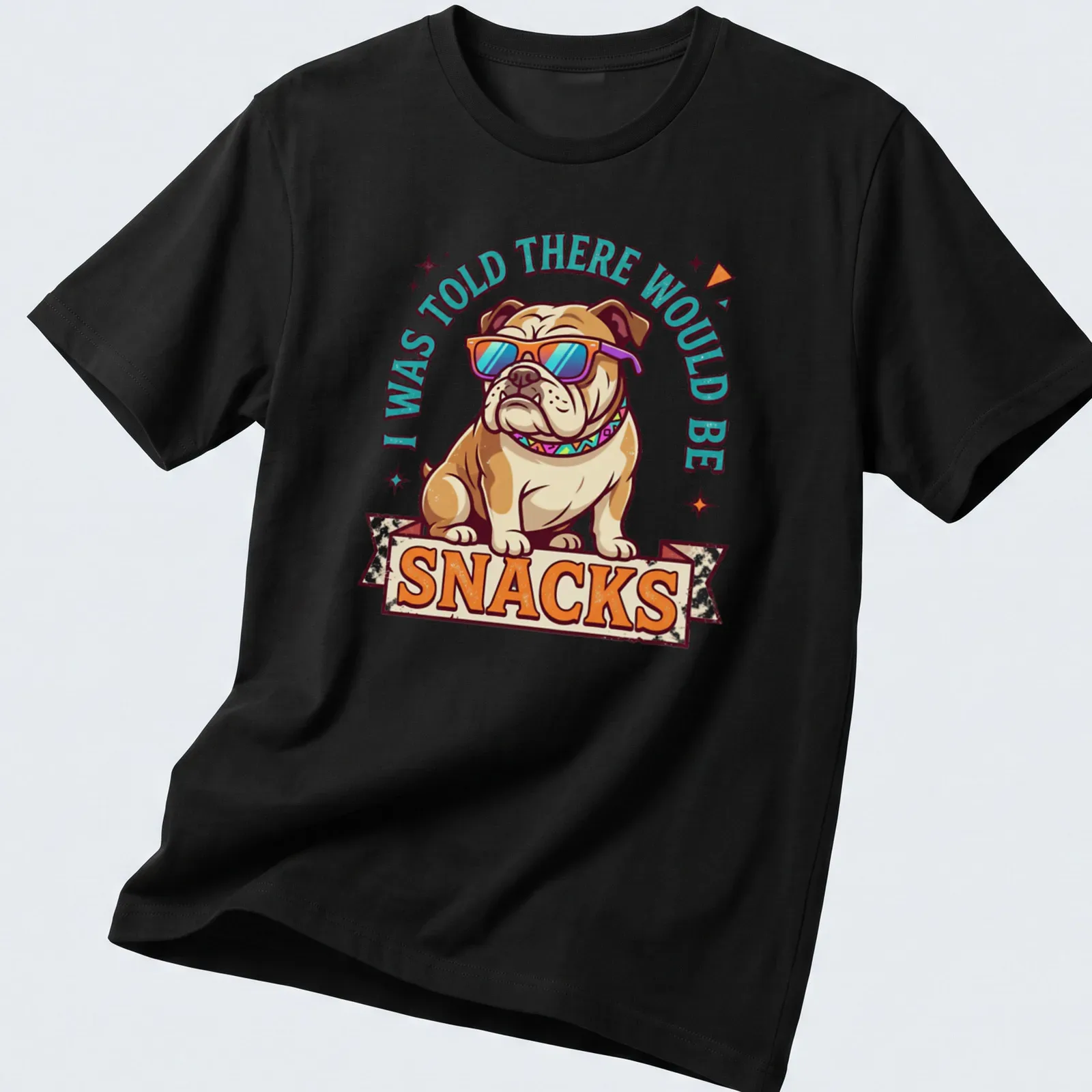 Vintage bulldog t-shirt with humorous text about snacks — printed on a unisex t-shirt