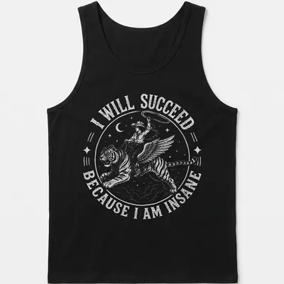 Vintage illustration of a cowgirl riding a tiger with bold text declaring success. — printed on a tank top