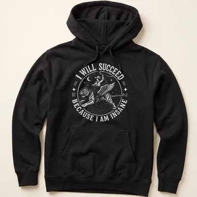 Vintage illustration of a cowgirl riding a tiger with bold text declaring success. — printed on a unisex hoodie