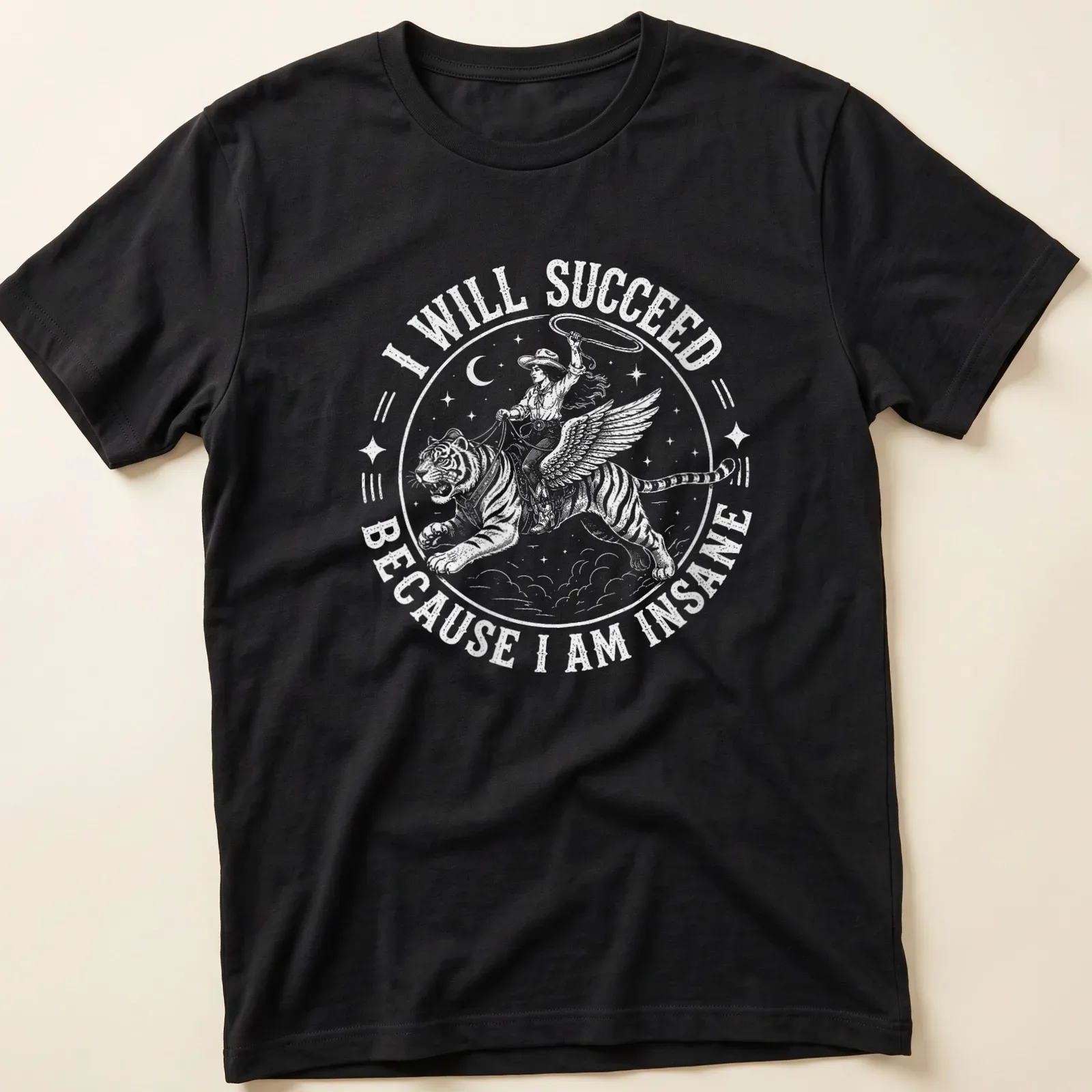 Vintage illustration of a cowgirl riding a tiger with bold text declaring success. — printed on a unisex t-shirt