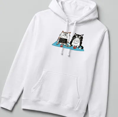 Cartoon cats with humorous text about impatience and timing. — printed on a unisex hoodie