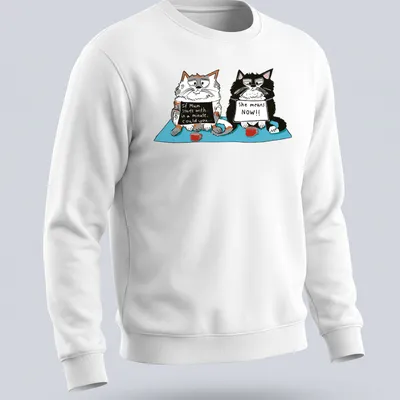 Cartoon cats with humorous text about impatience and timing. — printed on a unisex sweatshirt