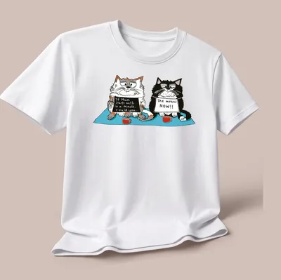 Cartoon cats with humorous text about impatience and timing. — printed on a unisex t-shirt (angled view)