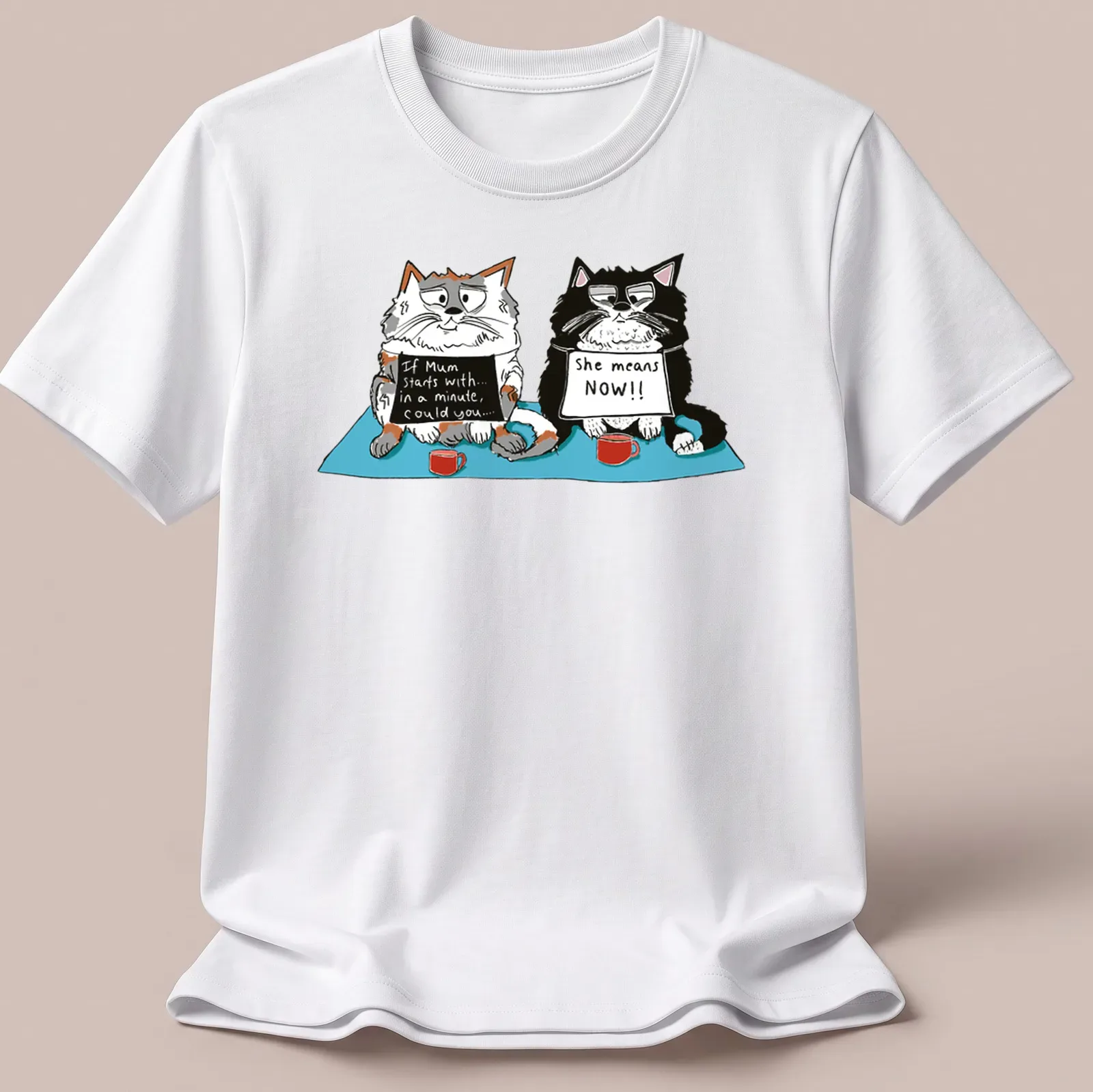 Cartoon cats with humorous text about impatience and timing. — printed on a unisex t-shirt