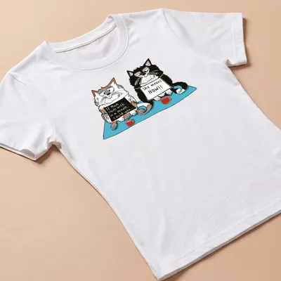 Cartoon cats with humorous text about impatience and timing. — printed on a women's shirt