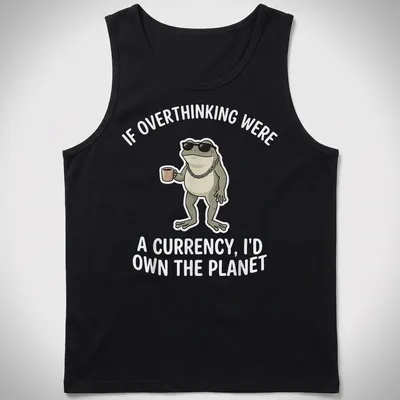 Cartoon frog with the text: If Overthinking Were A Currency, I'd Own The Planet — printed on a tank top