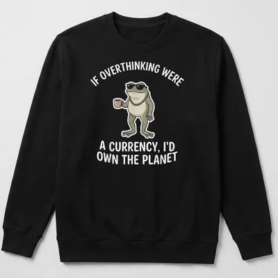Cartoon frog with the text: If Overthinking Were A Currency, I'd Own The Planet — printed on a unisex sweatshirt