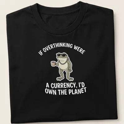 Cartoon frog with the text: If Overthinking Were A Currency, I'd Own The Planet