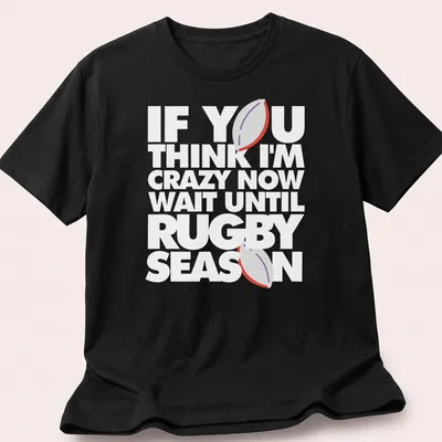 Minimalist print featuring a rugby ball with humorous text about rugby season