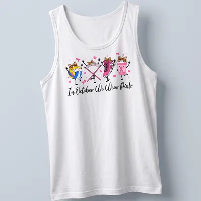Kawaii cartoon design with volleyball, pink sneaker, pink drink, and awareness ribbons — printed on a tank top