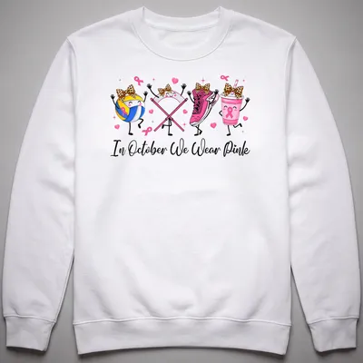 Kawaii cartoon design with volleyball, pink sneaker, pink drink, and awareness ribbons — printed on a unisex sweatshirt