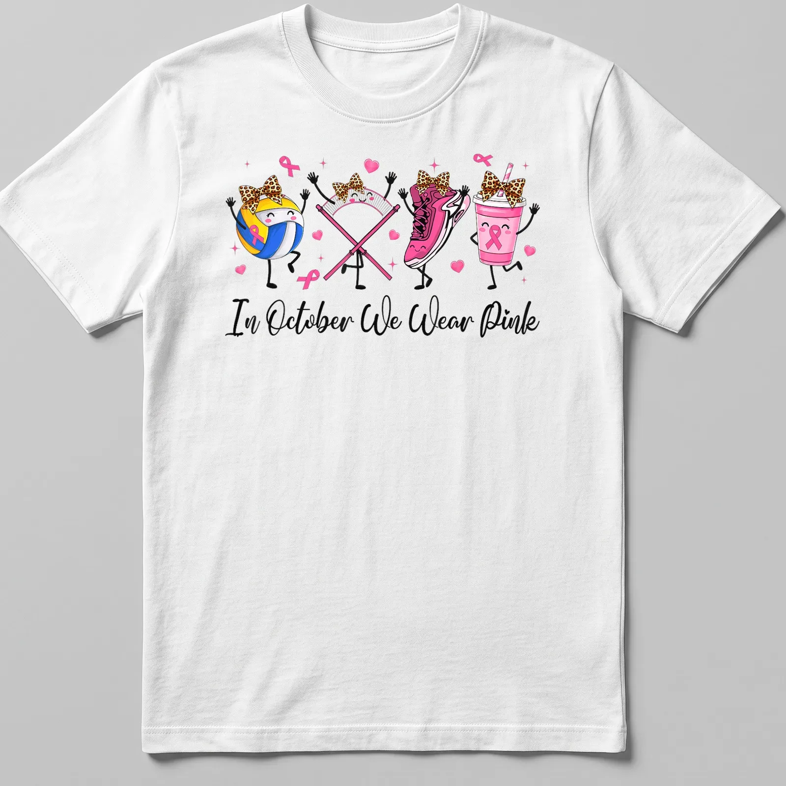 Kawaii cartoon design with volleyball, pink sneaker, pink drink, and awareness ribbons — printed on a unisex t-shirt