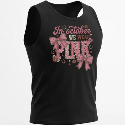 Playful T-shirt with a colorful Western bow and text about October wearing pink — printed on a tank top