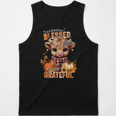 Kawaii Highland cow design with colorful text expressing gratitude — printed on a tank top